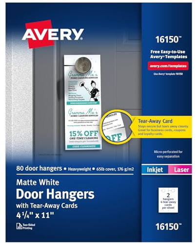 Avery Printable Door Hangers with Tear-Away Cards, 4.25 x 11, Matte White, 80 Blank Door Hangers for Laser and Inkjet Printers (16150)