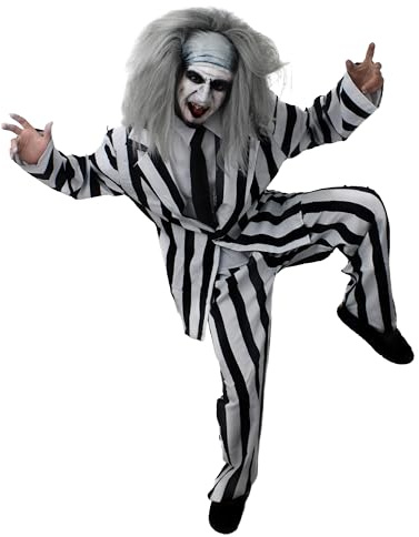 Adults Crazy Ghost Halloween Costume - Black & White Striped Suit, Black Tie, Grey Wig, Facepaint - Mens 80s TV Film Icon Halloween Fancy Dress Costume
