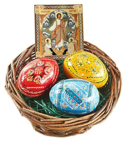 3 Ukrainische Ostereier aus Holz Pysanky Korb Auferstehung Christi Icon 2 1/10,2 cm