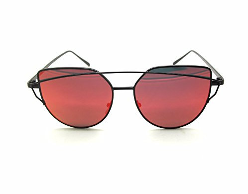RetroUV® Twin-Träger klassische Frauen Metallrahmen Spiegel Sonnenbrille Cat Eye Brillenmode (Schwarzer Rahmen/Rot Linse)