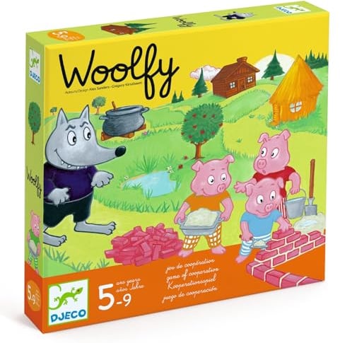 DJECO Woolfy - Jeu de Société Coopératif, 5 à 9 Ans - Tous Unis Contre Le Loup ! Développe Esprit d'Equipe et Stratégie - 1 Plateau, 4 Figurines, 1 Marmite, 1 Maison, 3 Dés - 2 à 4 Joueurs
