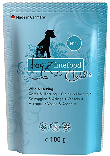 dogz finefood Hundefutter nass - N° 12 Wild & Hering - Feinkost Nassfutter für Hunde & Welpen - getreidefrei & zuckerfrei - hoher Fleischanteil, 12 x 100 g Beutel