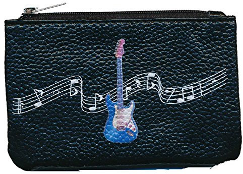 Petit Porte Monnaie en Cuir Porte cles Noir Motif Guitare