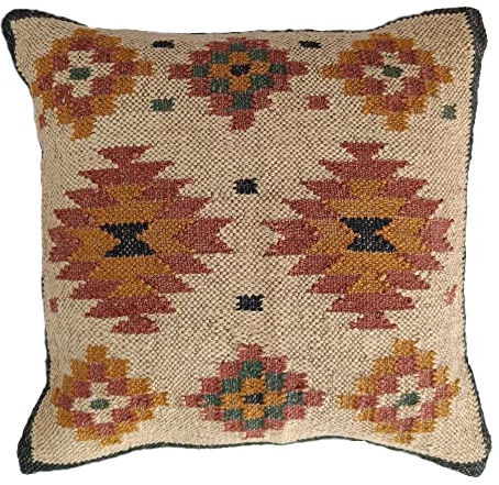 Trade Star Kissenbezug, 70 % Jute, 30 % Wolle, indisch, handgefertigt, dekorativer Überwurf-Kissenbezug, 45,7 x 45,7 cm, Premium-Qualität, dicker Teppich-Kissenbezug, Kelim-Kissenbezug für