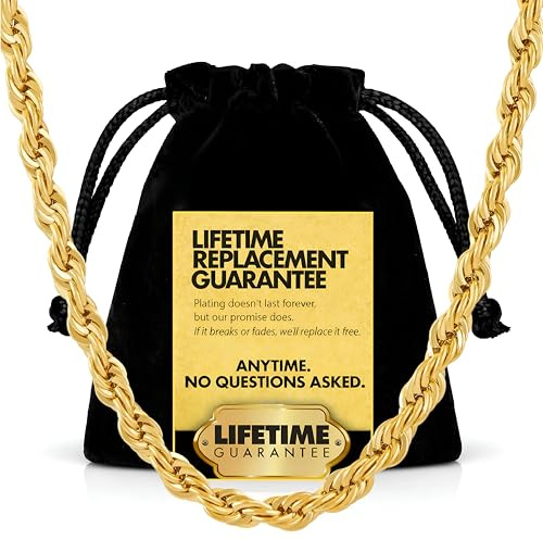 LIFETIME JEWELRY 6mm Rope Chain Necklace for Women and Men 24k Real Gold Plated, 18 inches, Gold Plated, No Gemstone