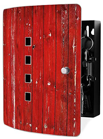 banjado Design Schlüsselkasten aus Edelstahl für 10 Schlüssel/Schlüsselbox zur Schlüsselaufbewahrung 24 x 21,5 x 7cm groß mit praktischem Magnetverschluss/Motiv Rote Holzlatten
