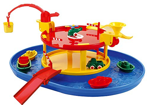 Vikingtoys 5000 Viking City Hafen & Garage Wasserspiel 2 Geschosse 11 Teile - Wasserbahn Drehrad Kran schwenkbar Rampe Boot Schiff Auto Hubschrauber Schranke - Kunststoff - 69 cm - Kinder ab 1 Jahr