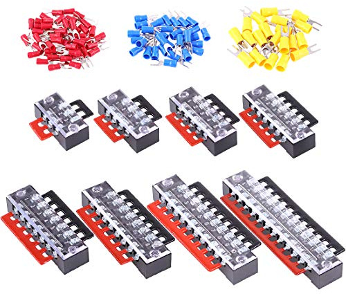 Glarks 124Pcs(8Sets) Terminal Block Set, 8Pcs 3 4 5 6 7 8 10 12 Positions 600V 15A Dual Row Screw Terminals Strip + 16Pcs Pre-Insulated Barrier Strips + 100Pcs Insulated Fork Wire Connector