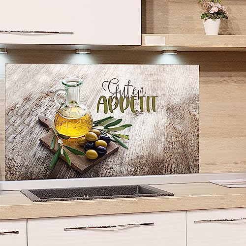 GRAZDesign Spritzschutz Küche Glas Guten Appetit mit Olivenzweig braun, Küchenrückwand Glas für Herd und Spüle, Rückwand Küche Glasplatte mit Motiv, 60x40cm