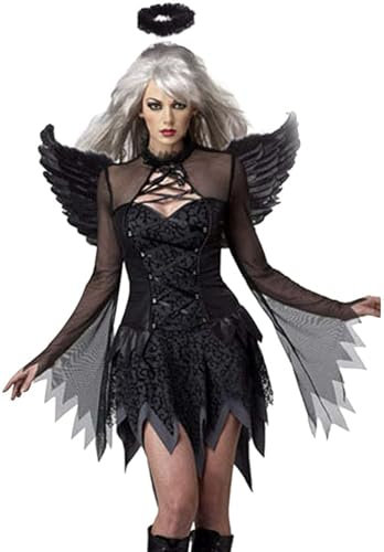 Disfraz de Angel para Mujer Traje de Fiesta de Cosplay Blanco Negro Vestido Corto de Halloween de Angel Caído con Alas Aureola Sexy Adulto Disfraces de Halloween