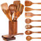 Mooues Juego de 9 utensilios de cocina de madera de teca natural con soporte para cucharas, agarre cómodo para cucharas de cocina y soporte para utensilios