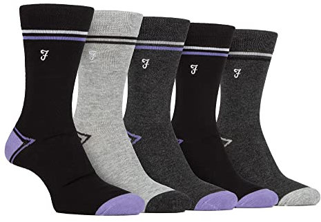 Farah - Mens 5 Pack Natural Organic Bamboo Bright Striped Patterned Socks (6-11, Black/Purple)