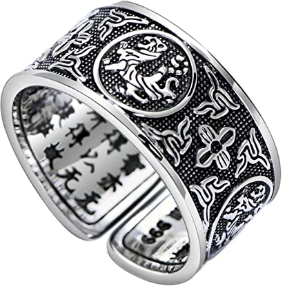 Homxi Herren Ring Vintage Punk,Ringe 4 Mythische Tiere China Herz Sutra Ring 999 Silber Herren Silber Ringe Herren Größe 65 (20.7)