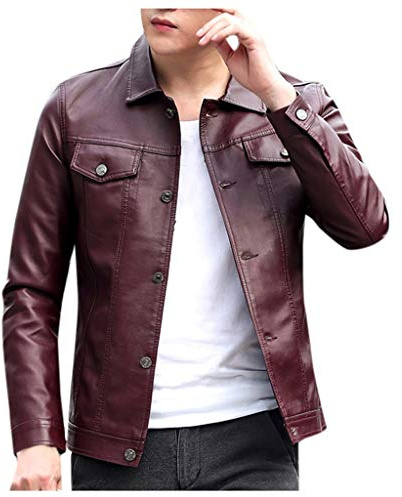 Veste de motard en cuir véritable pour homme - Veste de loisirs - Automne et hiver - Veste fonctionnelle à revers - Fermeture éclair - Veste d'extérieur - Veste de transition - Veste de sport, Vin
