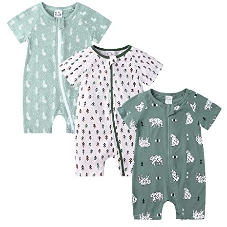 Petalum Baby Mädchen Pyjama Sommer aus Baumwolle Kurzarm mit Reißverschluss 3pcs Kleinkind Jungen Schlafstrampler Drucken Jumpsuit Body Spieler Outfits 12-24 Monate Set S