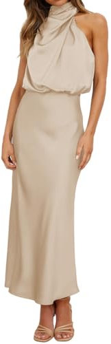 Odizli Robe de soirée longue élégante sans manches en satin pour femme - Pour l'été et le mariage, Abricot, L