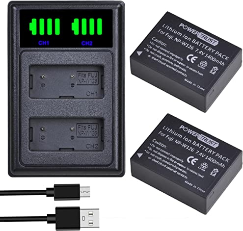 PowerTrust 2 batterie e caricabatterie NP-W126 NP-W126s per Fujifilm XT-20, XT3, X-T30 II, X100V, X100F, X-Pro2, X-T2, XS-10, X-T1, X-H1, X-T100, X-A5, X-A3