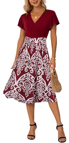 GRECERELLE - Robe d'été décontractée à manches courtes et col en V pour femme avec volants et imprimé floral - Robe de plage pour femme, L