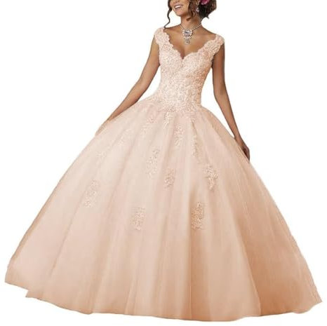 BABYONLINE D.R.E.S.S. Robe De Bal De Quinceanera pour Filles - Style Babydoll en Dentelle avec Décolleté Coeur - Robe De Bal Cendrillon - Robe Longue Femme Été Rose Pâle 56 Offir Jupon Gratuite