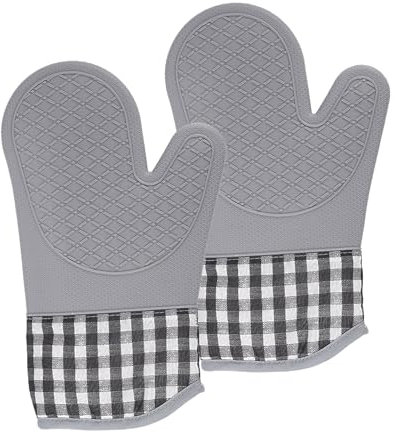 Gant de Cuisine Four Gant Silicone Anti Chaleur & Etanche - Silicone & Coton Couche Matelassé - Lot de 2 Gant de Four Silicone (Gris)