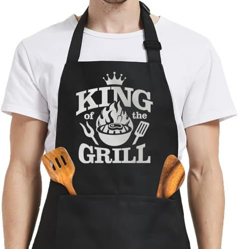 ALUNME Funny Black Cotton Apron for Men, BBQ Grill Cooking Gift for Dad, Husband, Father's Day (KING CRILL)