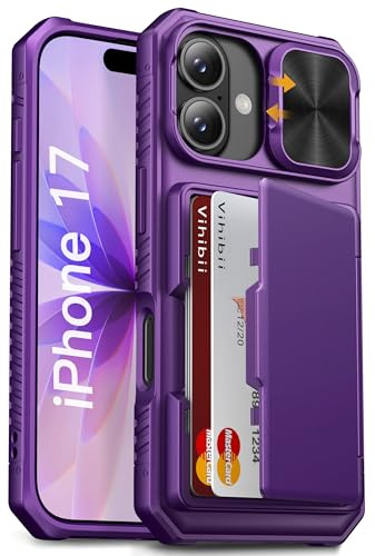 Vihibii for iPhone 17 Case Wallet with Card Holder (4 Cards), Dark Purple | Slide Camera Cover, Military Drop Protection, RFID Blocking, Rubber, Durable Phone Case for iPhone 17 6.3 2025