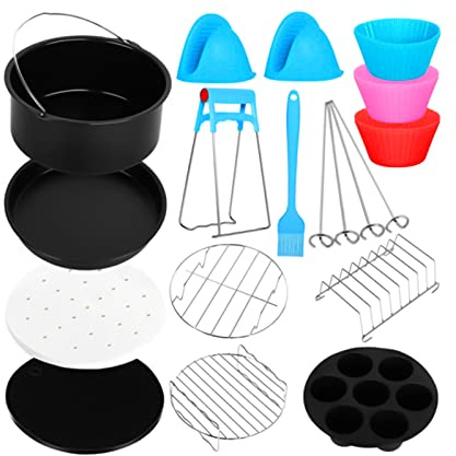 Luftfritteusen-Zubehör-Set, Ersatz für Cosori Ninja Phillips Gowise die meisten Marken, 12-teiliges Set mit Kuchenbackfässer, Pizzablech, Cupcake, 100 Einlagen, Silikonmatte, Spieß, Rack Toast
