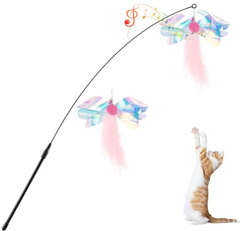 Pawaboo Katzenspielzeug Interaktives Katzenangel Katze Spielzeug Katzen | Spielstab Katzenspielzeug-Stab mit 2 Stück Federn und 88cm Stab und Glocken für Kätzchen oder Katze, Rosa Schmetterling