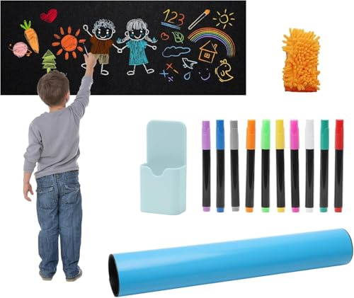 Magnetisk tavelfolie självhäftande svart, 120 x 43 cm, magnetfolie, självhäftande svart, avtorkbar kritfolie, magnetpanelsfolie med 10 pennor, 1 trasa, 1 märkhållare, för hem, skola och kontor