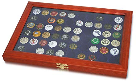 SAFE 5865 Echt Holz Vitrine für 60 Kronkorken, Champagnerdeckel, Champagerkapseln | Holzrahmen mit Glaseinsatz | komplett aufklappbar | Königsblaue Samteinlage | Abmessungen : 375x260x30 mm