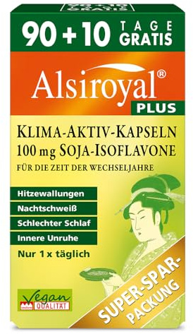 Alsiroyal PLUS Klima-Aktiv-Kapseln · eigene klinische Studie · Wechseljahre | 100 mg Soja-Isoflavone hochdosiert · 20 Mikronährstoffe · Bei Hitzewallungen, Nachtschweiß, schlechtem Schlaf, innerer Unruhe