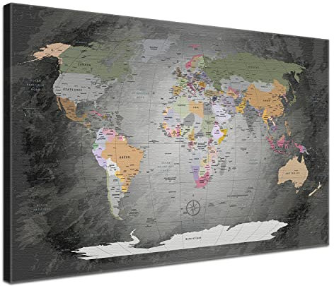 Stilvolle Pinnwand Weltkarte - Edelgrau - Französisch in 100 x 70 cm, stabile Rückwand zum Pinnen inkl. Starterkit - Leinwand-Kunstdruck Wandbild Landkarte XXL