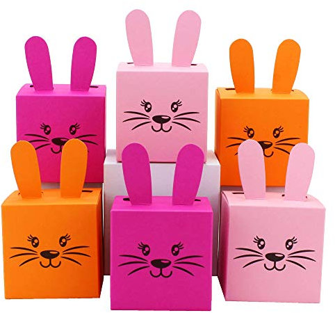 Papierdrachen 12 Geschenkboxen im Osterhasen-Design - Kisten mit Ohren, Pompom und Gesicht - 7cm x 7cm - rosa pink und orange - Osternest für Mädchen