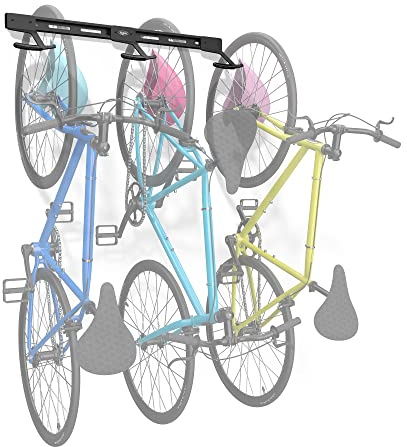 Koova Wall Mount Bike Storage Rack Garage Hanger for 3 Bicycles + Helmets | Fits All Bikes Even Large Cruisers/Big Tire Mountain Bikes | Heavy Duty Powder Coated Steel | Made in USA (3 Bike Rack)