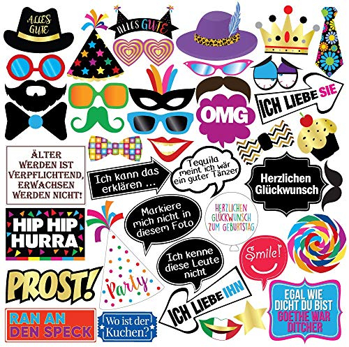 Lustige Geburstagsparty Fotobox Requisiten – 42 Stück – Für 18., 30., 40., 50., 60., 70., 80. & 90. Geburtstag – Party Accessoires & Dekoration