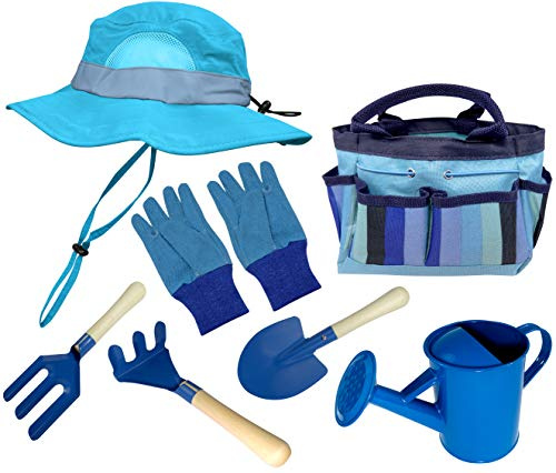 Kids Garden Set & Bucket Hat Combo: Real Metal Tools & Wooden Handles; Shovel, Rake & Pitch Fork, Pitcher, Gloves & Carrying Bag. Sure-Fit Adjustable Hat with Chin Strap & Ventilation Panels. Blue S/M