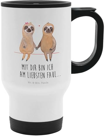 Mr. & Mrs. Panda Thermobecher Faultier Pärchen - Geschenk, Liebe, Kaffeetasse zum Mitnehmen, Faultierpärchen, Faultier Deko, To Go Becher,