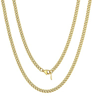 FOCALOOK Vergoldete Kette Jungen Edelstahl 3MM Halskette Mädchen Panzerkette Collier Kubanische Kette für Damen Modeschmuck Kettenlänge 60CM
