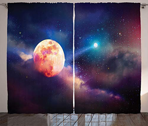 ABAKUHAUS Vollmond Rustikaler Gardine, Cosmic-Szene mit Planeten, Schlafzimmer Kräuselband Vorhang mit Schlaufen und Haken, 280 x 175 cm, Lila Quartz