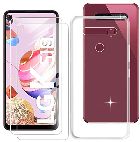 HHUAN Funda + 2 Piezas Cristal Templado para LG K51S (6.55), HD Protector Pantalla + Transparente Cover Suave Silicone Caso Bumper TPU Case Carcasa - Transparente
