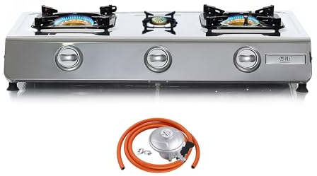 NJ NSD-3 Camping Gas Stove 3 Burners Indoor Cooktop Stainless Steel LPG 8.0 kW WOK Regulators (Butane 21mm Clip-on)