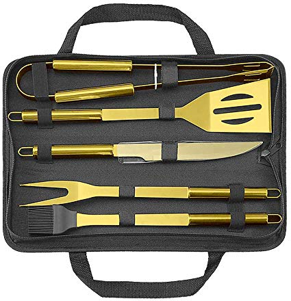 MikaMax Millionaire BBQ Tools, 5-teiliges BBQ Grill Werkzeug Set mit Faltbarer Schürze, Grillgabel, Spatel, Grillbürste, Messer, Zange, Ideal für Camping, Küche und Partys