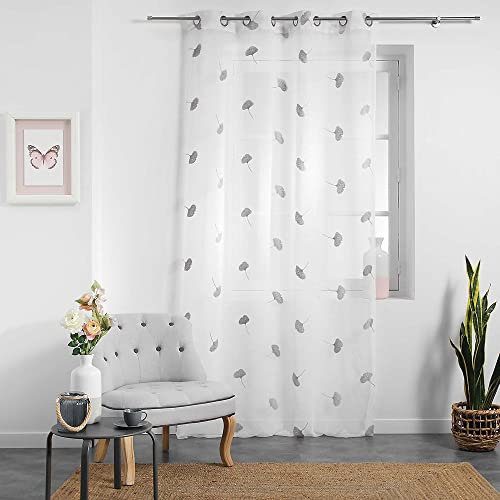 Douceur d'Intérieur, Voilage à Oeillets (140 x 240 cm) Ariella Blanc/Gris, Voile Sablé Brodé