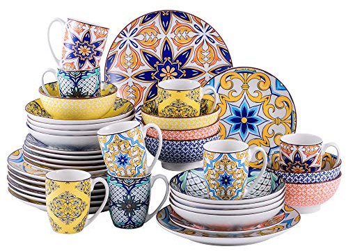 vancasso Jasmin Patterned Dinner Set - 40 Pcs Porcelain Dinnerware Set Moroccan Crockery with 10.5 inch Dinner Plate, 8 inch Dessert Plate, 23oz Bowl, 31oz Pasta Bowl and 12oz Mug.Service for 8