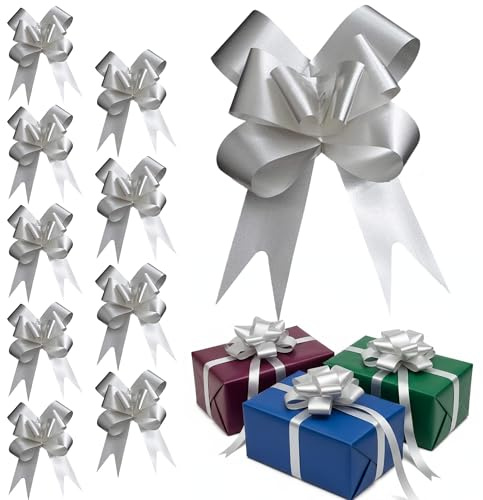 60pcs Silver 50mm/5cm Large Ribbon Pull Bows for Party Wall, Gift Wraps, Christmas Trees, Wedding, Birthday Hampers Decoration Florist Pullbows