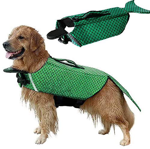 Schwimmweste Für Hunde, Hundeschwimmweste,Meerjungfrauen-Stil, Verstellbar, Mit Starkem Rettungsgriff Für Kleine, Mittelgroße Und Große Hunde Für Schwimmbad, Strand, Bootfahren,Grün,XLarge