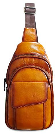 FANDARE Brusttasche Leder Sling Bag Herren Damen Schultertasche Umhängetaschen Sporttasche für Freien Reisen Wandern Hiking Joggen Daypacks Braun BB