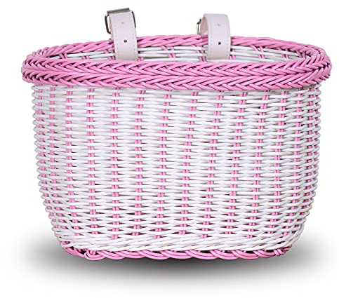 EIRONA Bicycle Basket for 12 14 16 18 Inch Girls Bicycle, Front Handlebar Storage Basket for Girls, Water-Repellent Basket, Bicycle Accessories, Pink & White