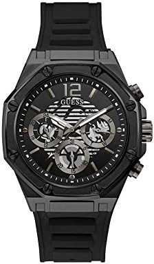 Guess Classic Herren Armbanduhr, Edelstahl, 44 mm, Silikonarmband, Schwarz, 3 bar, Zifferblatt: Schwarz, Datumsanzeige, GW0263G4 SP