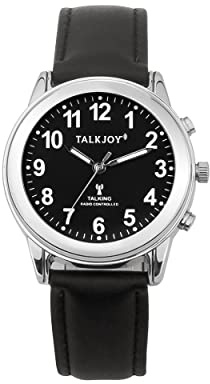 TalkJoy FUNKUHR Herren Uhr Sprechende Lederarmband Silber Blindenuhr Funk-Armbanduhr schwarzes Zifferblatt